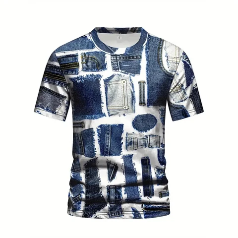 Новая джинсовая футболка с узором, мужская летняя футболка с коротким рукавом и круглым вырезом, модная уличная спортивная одежда, повседневная мужская одежда большого размера, Camisa