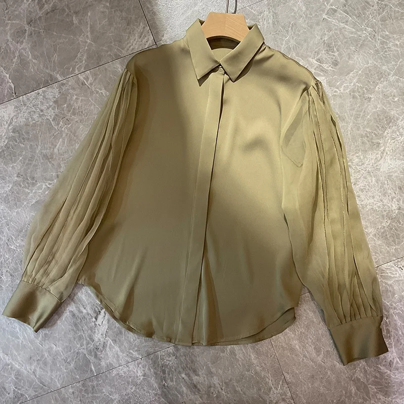 

23 Summer Women High Quality Silk Lapel Shirts Runway Elegant Casual Solid Long Sleeve Single Breasted Blouse Lady Fashion Tops