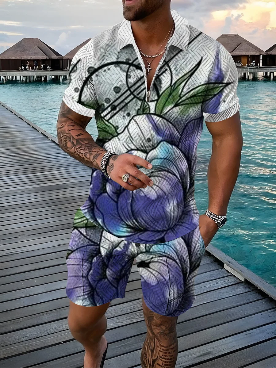 Men 3D Print New Bird Feather Pattern Pop Fashion Oversized Cool Street Beach Clothing Breathable Luxury Brand Two-Piece POLO