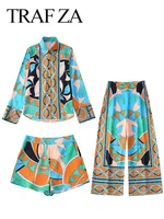 traf za fashion womens geometric print shirts suit long sleeve lapel blouse high waist slim pant summer female 3 piece set