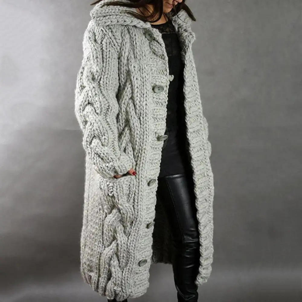 

Buttons Knitted Cardigan Hood Warm Long Sleeve Coat Women Dropshipping Winter Twist Pocket Hooded