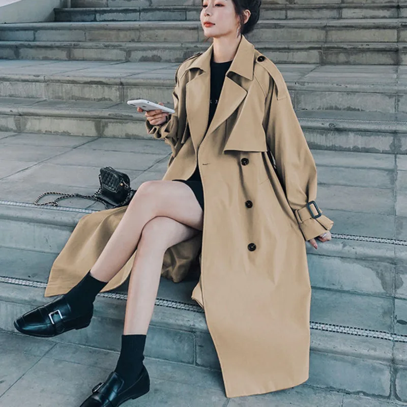 

Spring Autum Khaki Classic Long Trench Coats Women Elegant Korean Overcoats Loose Fashion Casual Double-breasted Windbreaker