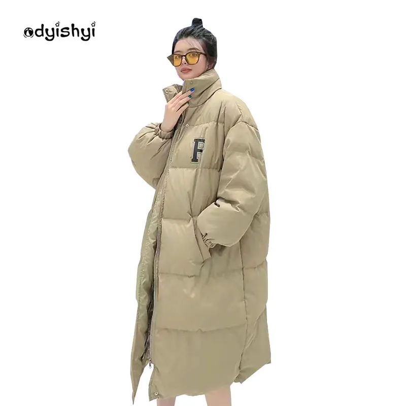 

Парка 2022 зимняя женская средней длины пуховик Повседневная Свободная куртка со стоячим воротником и надписью утепленная женская теплая ку...