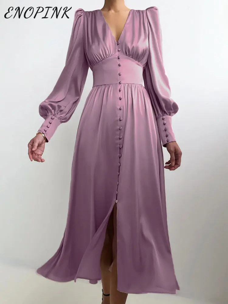 

Женское атласное платье-миди с пышными рукавами, однотонное облегающее вечернее платье с V-образным вырезом, весна 2023