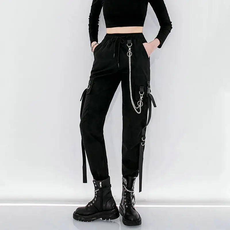 Harajuku Black Cargo Pants Women Chain Wide Leg Hip Hop Streetwear Women Trousers Loose Female Baggy Fashion Pants Men
