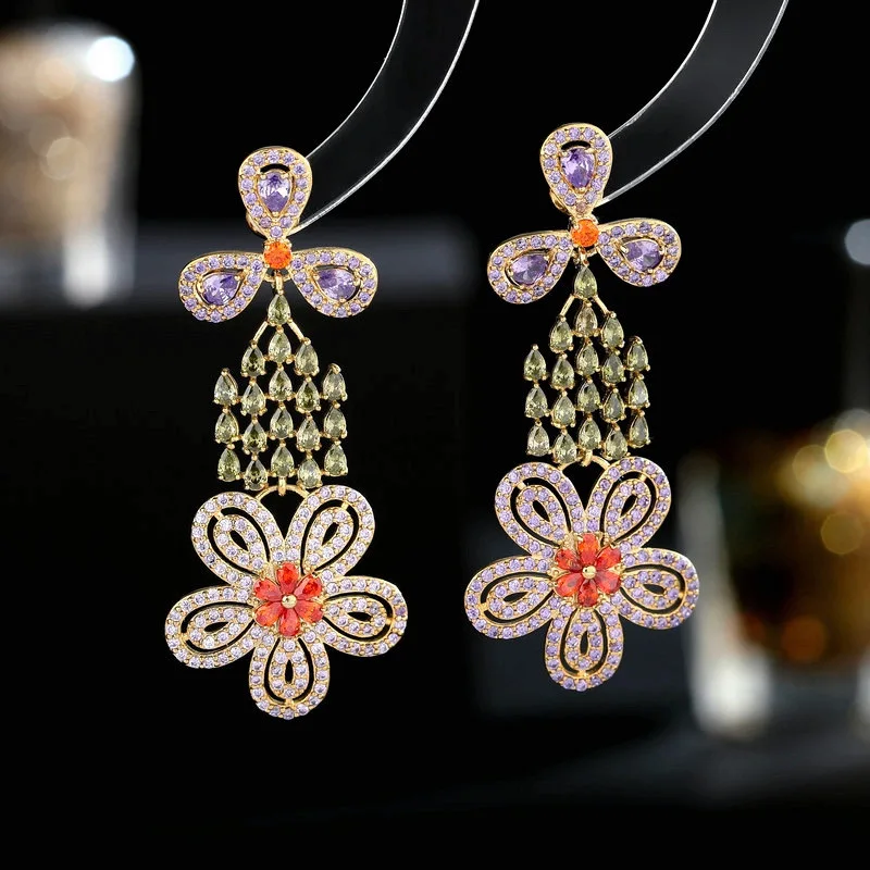 

Bilincolor Silver Needle Colored Zircon Inlaid Flower Earrings for Women