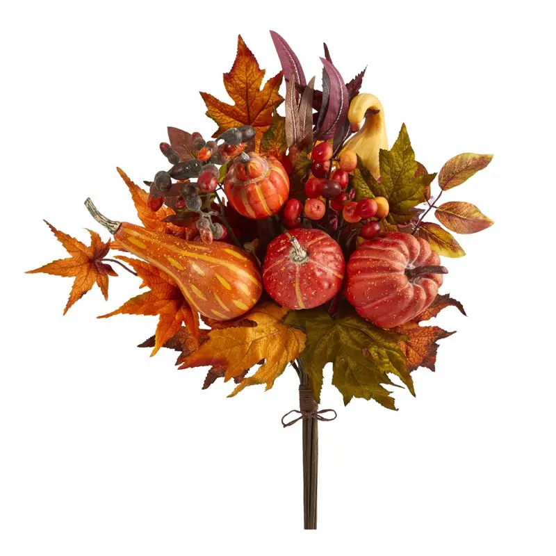 

20" Pumpkin and Maple Leaf Artificial Flower Bouquet (Set of 2), Multicolor