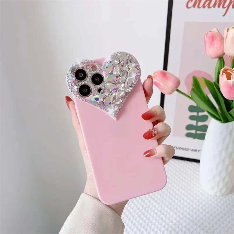 Чехлы для телефонов Love Heart Rhinestone Protect Lens IPhone 16 15 14 13 12 11 Pro Max XR Xs 8P SE2/SE3