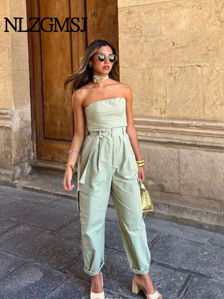 

Nlzgmsj TRAF Женские карманы Чистые боковые молнии Подвязные брюки Ретро без плечевого пояса Наклонный воротник Женский костюм