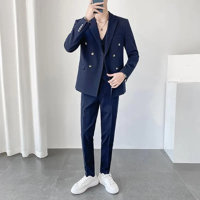 

2022 New Arrival Men Fashion Double Breasted Suits Two Pieces Set Male Slim Solid Color Blazer Pant Wedding Clothing H274