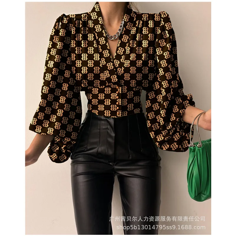 

Mandylandy Women Elegant Shirt Top Lady Fashion Spring Long Lantern Sleeve V Neck Corset Single Breasted T-shirt Coat