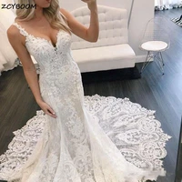 2022 mermaid wedding dresses elegent appliques tulle lace spaghetti straps backless bridal dress formal party court train