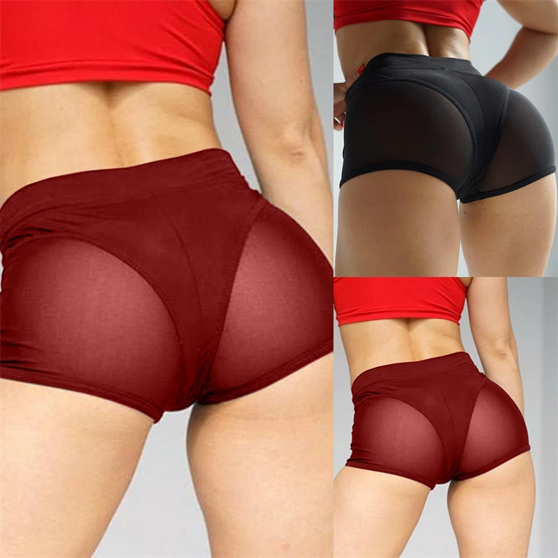 

Women Sexy High Waist Workout Fitness Shorts Female Dance Shorts See-through Mesh Patchwork Mature Pole Dancing Clubwear