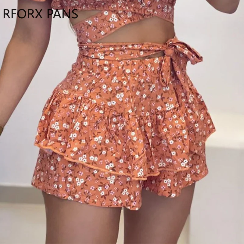 Женский шикарный укороченный топ Gdisty с цветочным принтом и оборками на подоле