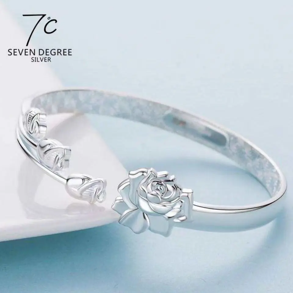 

New 999 silver bracelet Women's three trumpet flower words sterling silver bracelet Simple opening silver bracelet wholesale