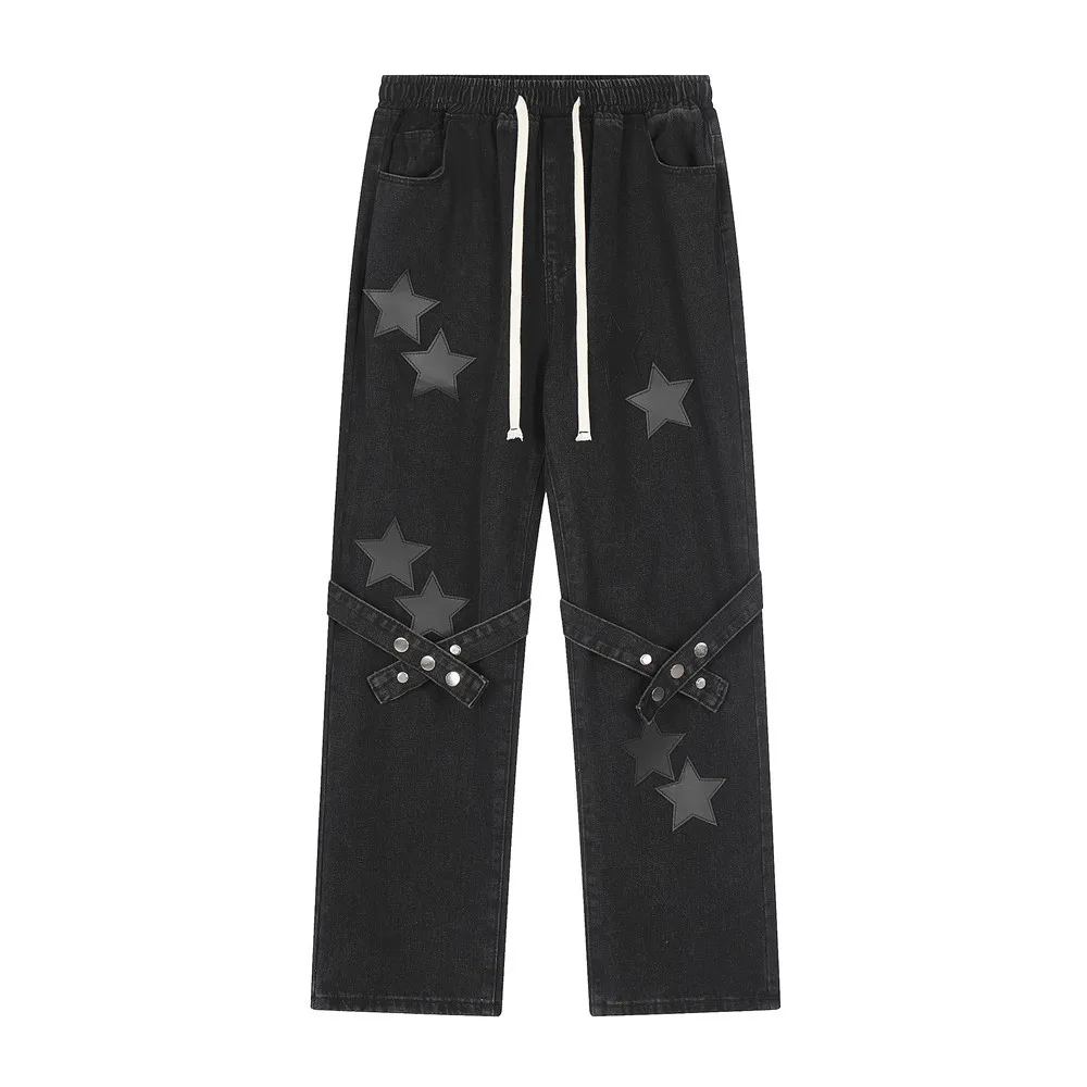 HOUZHOU Y2K Star Jeans Men Hip Hop Embroidery Denim Trousers Black Loose Casual Pants Male Bottom Japanese Streetwear Hippie