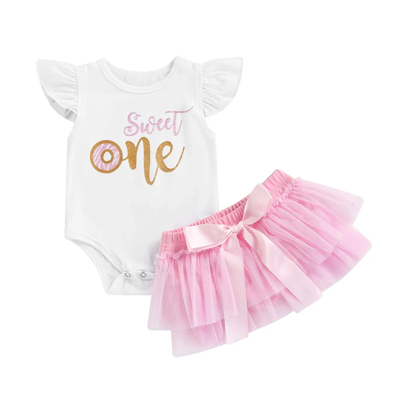

Baby Short Sleeve Romper + Mesh Culottes, Sweet One Letter Bow Decoration Elastic Waist Summer Clothing