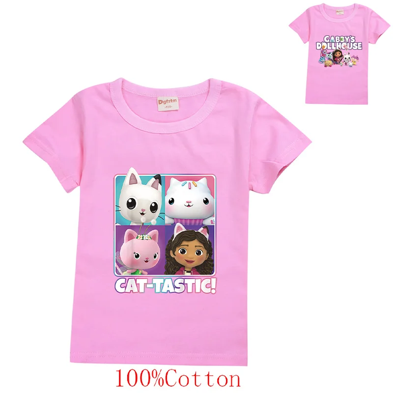 

100-170cm Kids Gabbys Dollhouse Cats T-shirt Boys Summer Cotton Costume Girls Casual Tops Children Short Sleeve Cotton TShirts