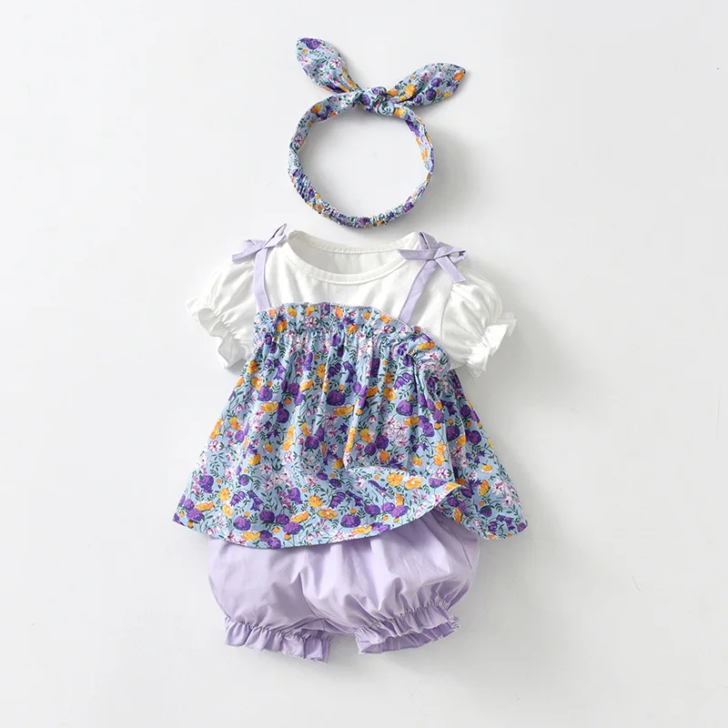 

Комплект одежды для новорожденных девочек; Одежда для малышей; Модное платье с цветочным принтом + шорты + повязка на голову; 3 шт./компл.; Комплекты детской одежды