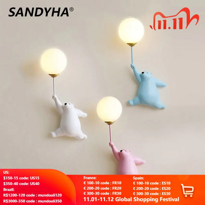 

SANDYHA Modern Led Wall Lamps White Pink Bear Cartoon Night Light for Bedroom Bedside Children's Room Home Decor Indoor Lighting