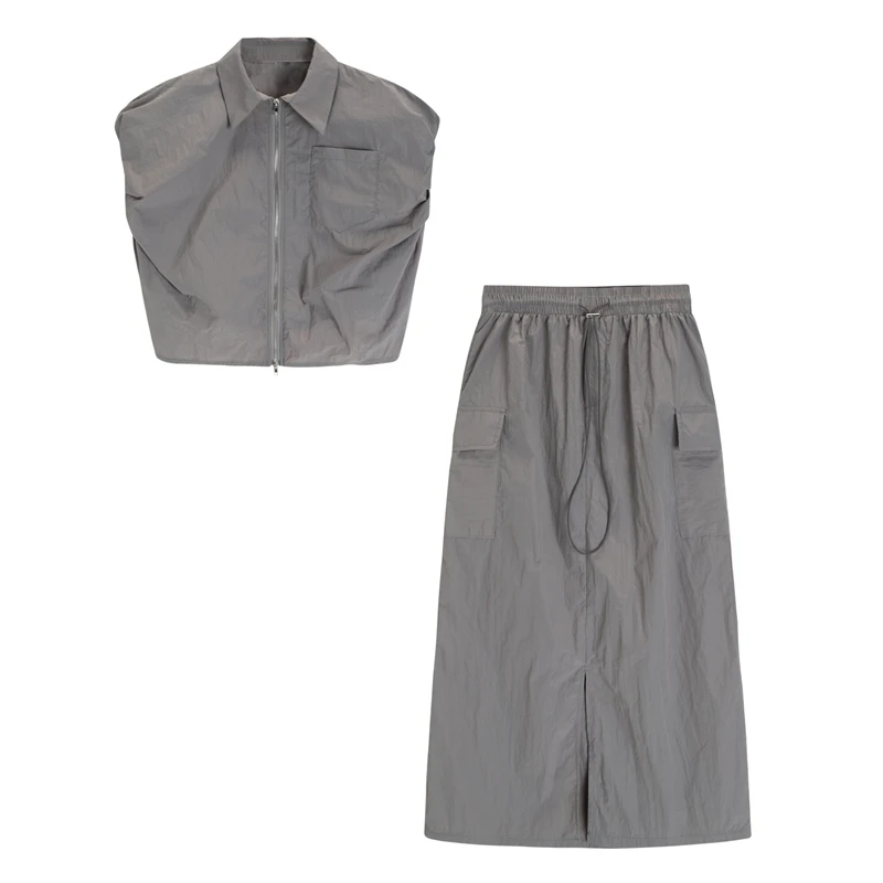 

Women's Summer 2 Piece Outfit Vest Tops and Midi Skirt Set 2023 Streetwear Casual Sleeve Gilet Cargo Skirts Two Pieces Set