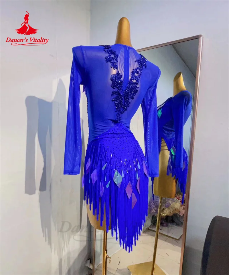 Женское платье для латинских танцев зимняя сетчатая юбка с длинными рукавами и