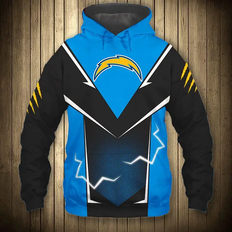 

Fashion Los Angeles men's casual 3D sweatshirts Blue and black stitching graffiti yellow lightning print chargers hoodies