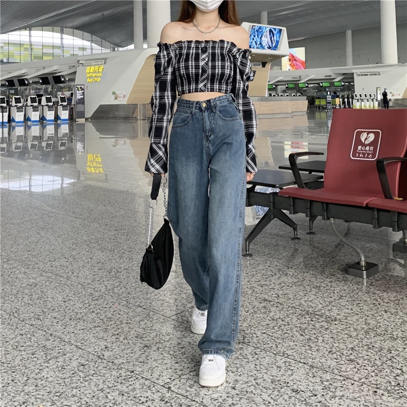 N1590   Retro high waist jeans women's new loose and thin wide-leg straight-leg jeans