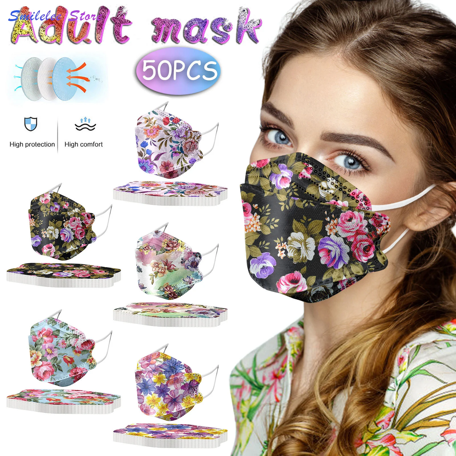 

50pcs Unisex Adult Floral Printed Outdoor Mask Protective Disposable Face Mask Mouth Caps Cosplay Estampado Floral De Moda