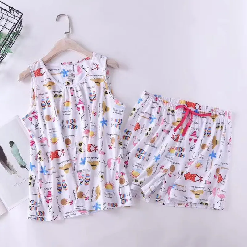 Summer Pajamas Set Sleeveless T-shirt Shorts 2Piece/Set Sexy Hot Pyjama Big Size Mom Homewear Cozy Plus Cartoon Mom Sleepwear