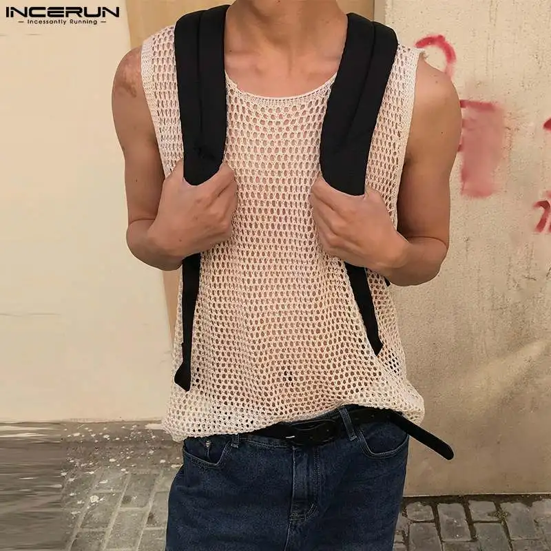 

INCERUN Tops 2023 Korean Style Mens Hollowed Micro See-through Mesh Waistcoat Summer Streetwear Male Sleeveless Thin Vests S-5XL