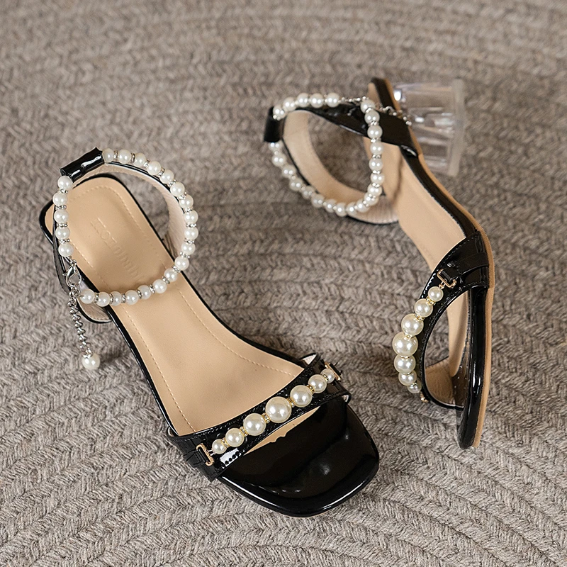 

New Design Sexy Pearls String Bead Clear Heels Women Sandals Summer Gladiator Party Dress Buckle Strap Pumps Shoes