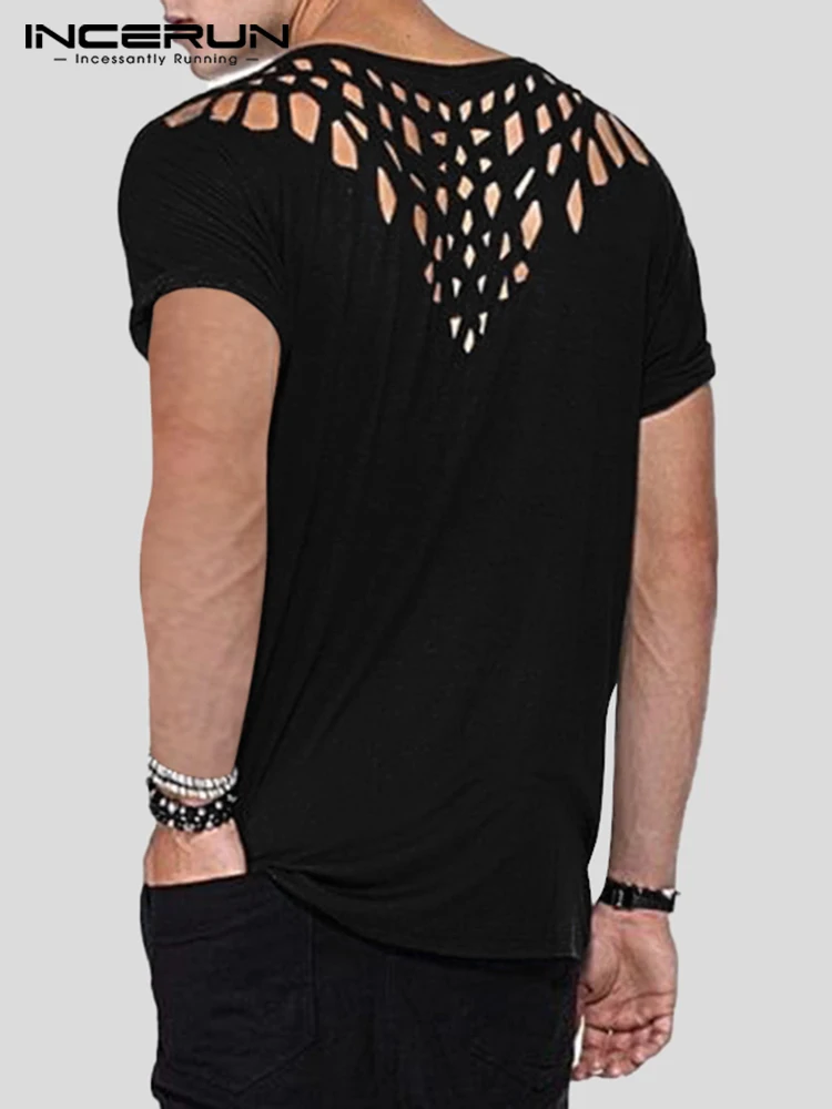 

Casual Well Fitting New Men's Camiseta Hollow See Through Short Sleeve T-shirts Male Loose Fashionable O-Neck Tops INCERUN 2022