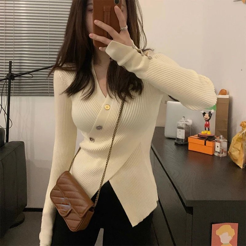 

Autumn Winter V-neck Irregular Slim Slit Sweater Ladies Long Sleeve Bottoming Pullovers Women Casual Fashion Solid Color Jumpers