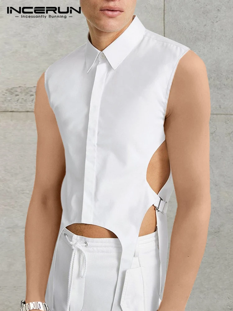 

Men Casual Shirt Solid Color 2022 Lapel Sleeveless Hollow Out Sexy Men Irregular Shirts Streetwear Fashion Camisas S-3XL INCERUN