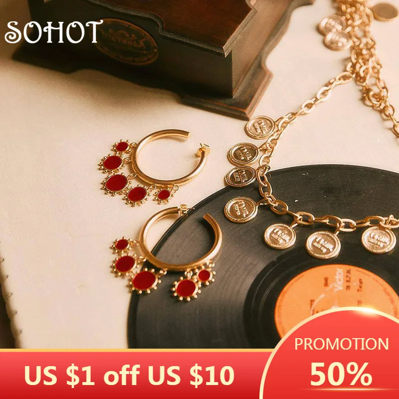 Женские серьги-кольца с кисточками SOHOT, сережки в стиле бохо с красной и зеленой эмалью, ювелирные украшения для вечеринок