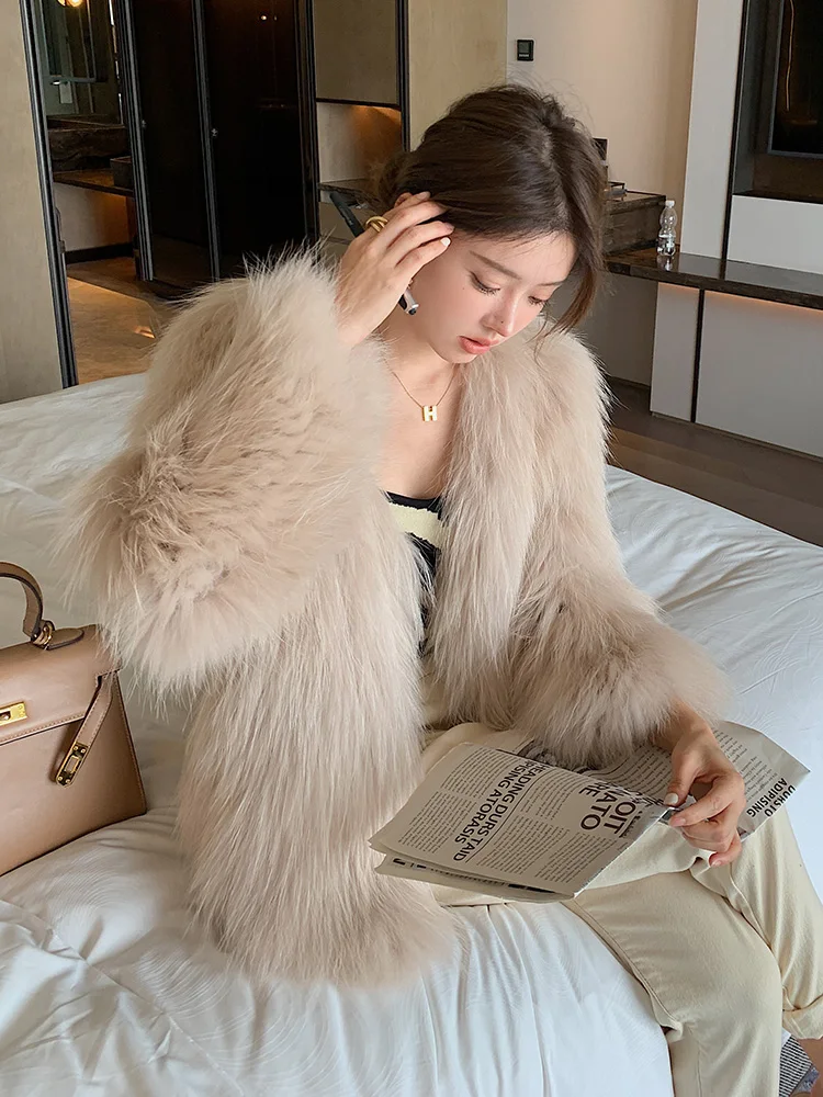 2023 Winter Natural Raccoon Style Real Raccoon Fur Woven Fur Coat Female Paragraph Fox Fur Long Sleeve Round Neck Winter New