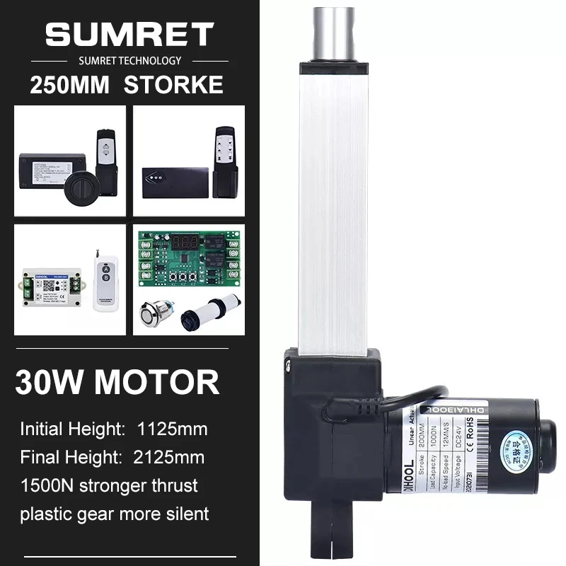 250mm Stroke Linear Actuators Kit RF Wifi Controller For Medical Devices Industrial DC 12V 24 Volt Low Noise 1500N High Speed