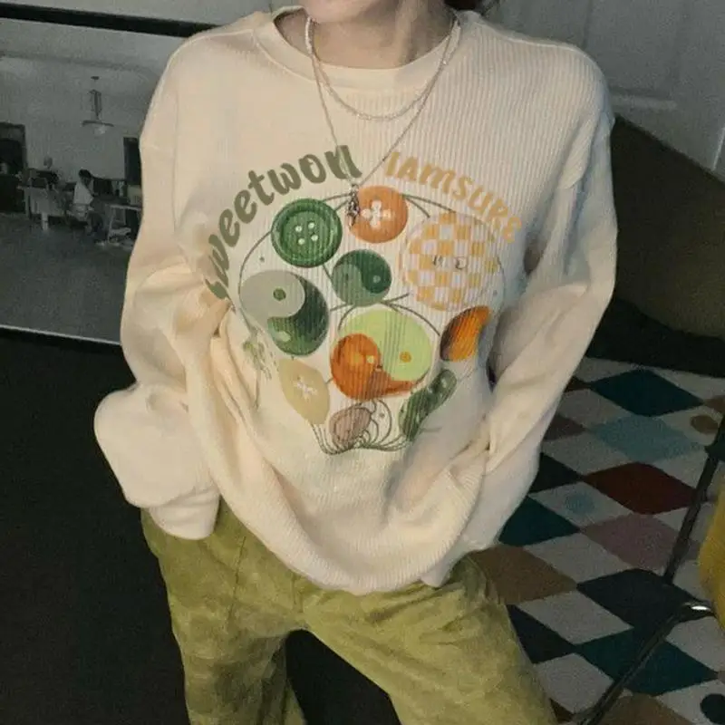 

Combhasaki Womens Retro Y2K Gothic Round Neck Hoodies Sweatshirt Casual Tai Chi Button Vintage Print Long Sleeve Tops Streetwear