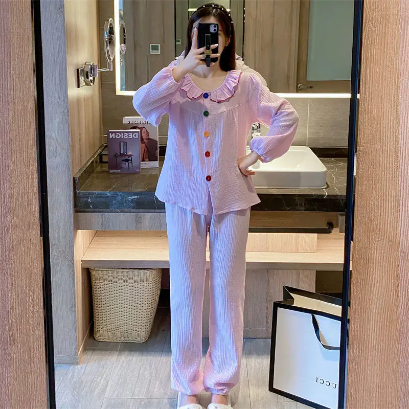 QWEEK Sleepwear Women's Cotton Pajamas for Sleep Kawaii Color Buttons Pijamas Autumn Winter Home Clothes Negligee Sets Female