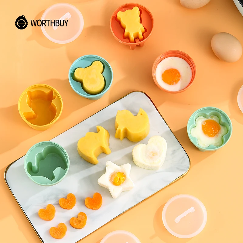 

WORTHBUY 4 Pcs/Set Cute Egg Poacher Plastic Egg Boiler For Baking Kitchen Egg Cooker Tools With Brush Non-Stick Egg Mold