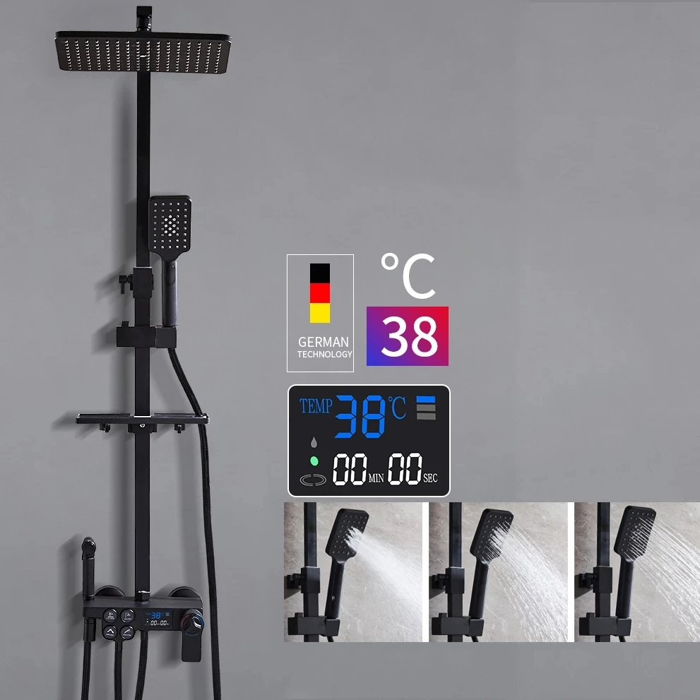 

Black Gold Thermostat Display Shower Faucet Set Chrome Rainfall Bathtub Tap With Bathroom Shelf Water Flow Produces Electricity