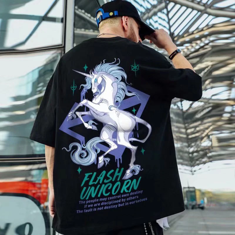 

Pure Cotton T-shirts Black White All-match Men Women Couples Oversize Horse Print Top Tee