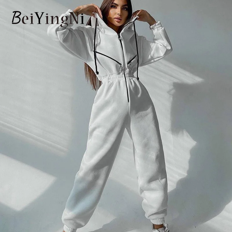

Beiyingni 2022 Autumn Winter Women's Jumpsuits Solid Hooded Zipper Casual Femme Tracksuit Fashion Streetwear Ladies Rompers Suit