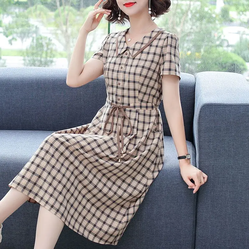 Модные платья на завязках женская одежда клетчатое Повседневное платье миди в
