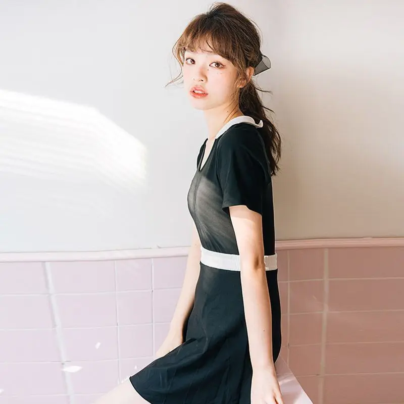 

One Piece Swimsuit Women Conservative Thin Cover Belly Cute Cherry Student Girl Skirt Two-Piece Sets Chest Gathered Bathing Suit