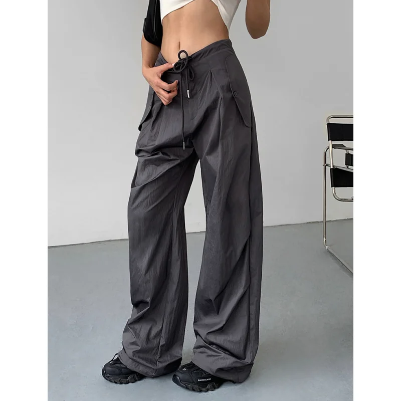 

Summer Womans Dark Grey Cargo Pants High Waist Vintage Straight Trouser America Street Hip Hop Female 2023 Wide Leg Pants