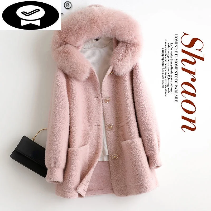 

Casual Hooded Real 2023 Sheep Shearing Coat Female Autumn Winter Fox Fur Collar Wool Jacket Women Casaco Feminino Gxy748