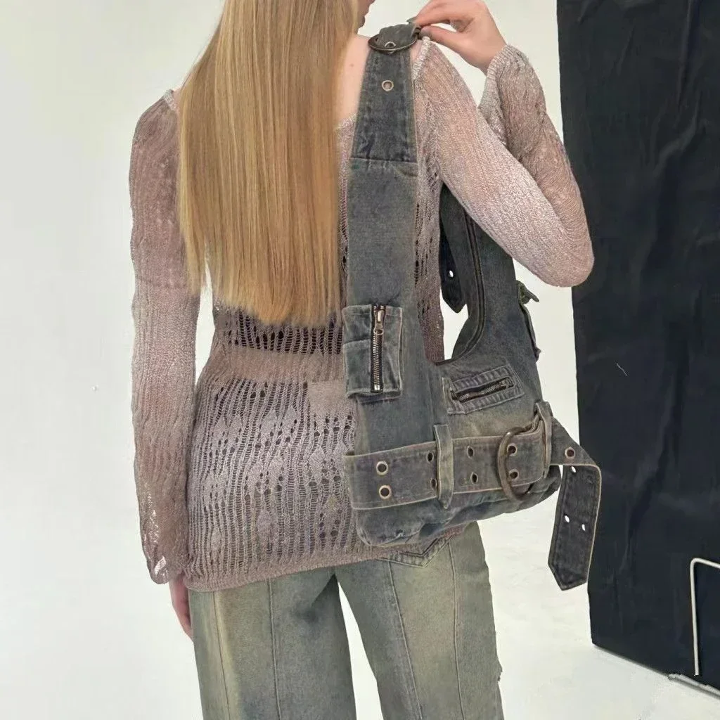 

Fashion Retro Spicy Girl Large Capacity Denim Single Shoulder Underarm HandBag Casual Versatile Women Crossbody Locomotive Bags