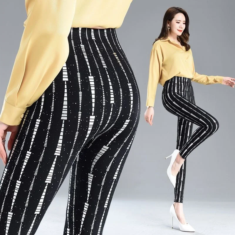 Autumn Winter Sequin Flower Print Black Leggings Women's Glitter Warm Velvet Pants High Waist Elastic Pencil Trousers